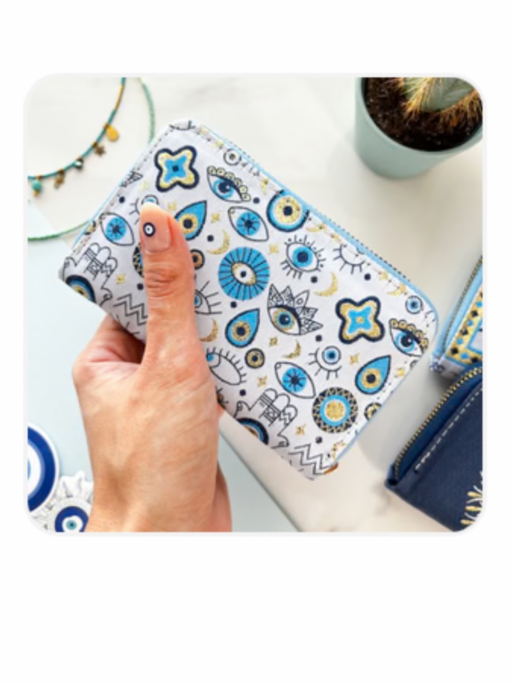 Women's Light Blue Evil Eye Zip-Around Wallet